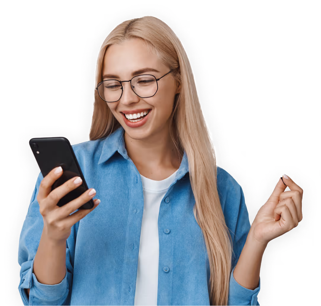 satisfied hipster girl with afro-haircut types text message cell phone enjoys online communication