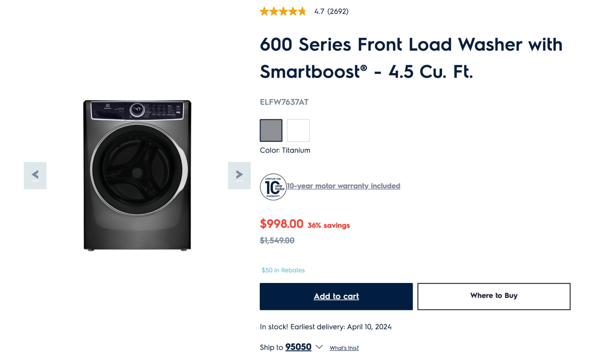 Conversion page with warranty info, ratings, and a stock warning._Ecommerce conversion funnel