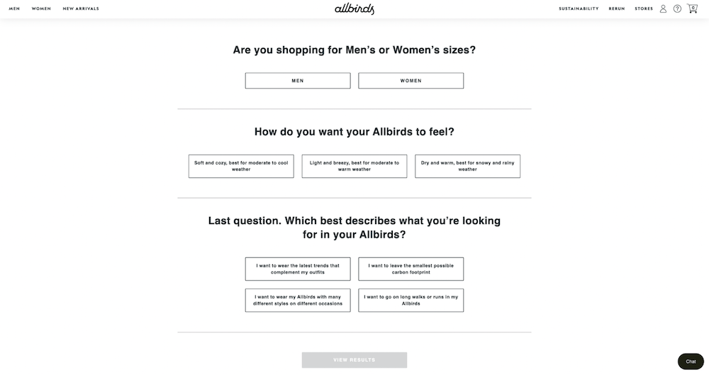 Shopify Product Quiz Examples: Allbirds