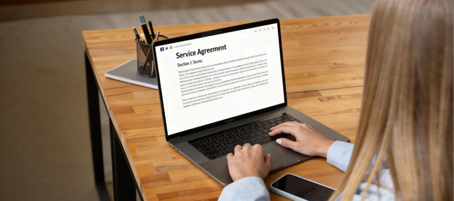 Legal associate at a desk reviewing a service agreement