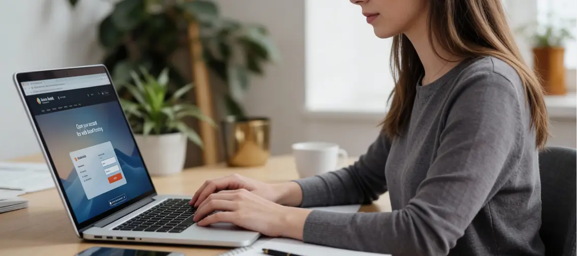 Person opening a bank account on a laptop
