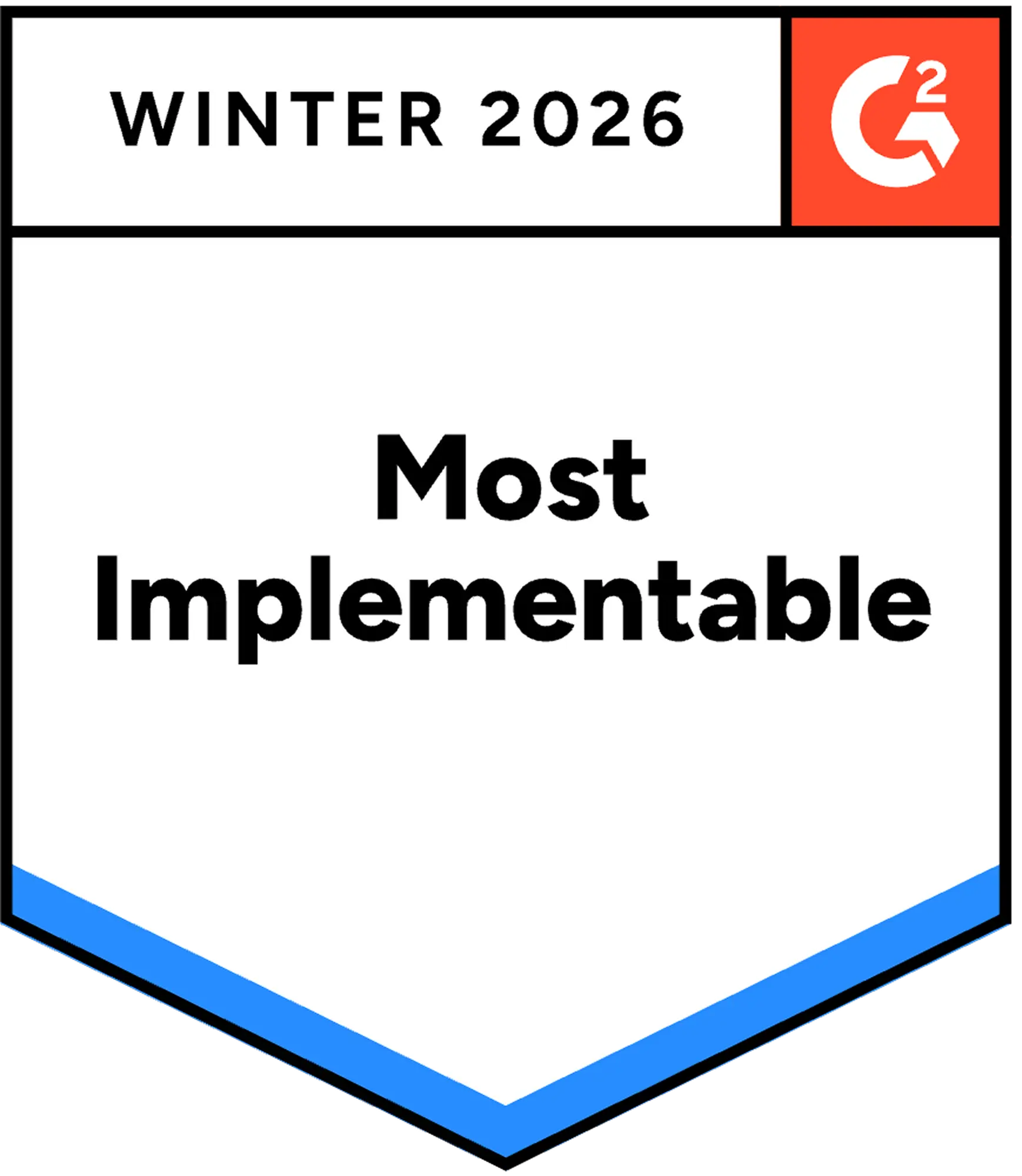 G2 Winter 2026 badge labeled Most Implementable with G2 logo in top right corner.