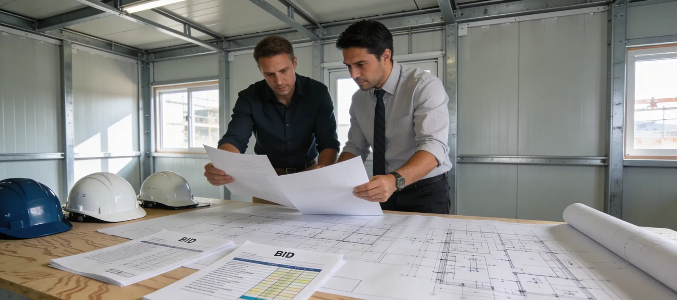 Team reviewing bid documents and plans during preconstruction