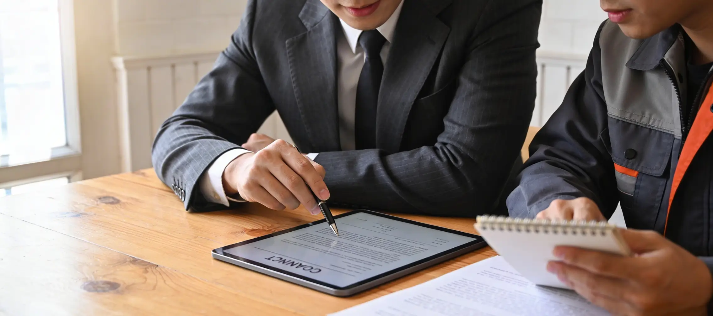 Architect and contractor reviewing a contract agreement