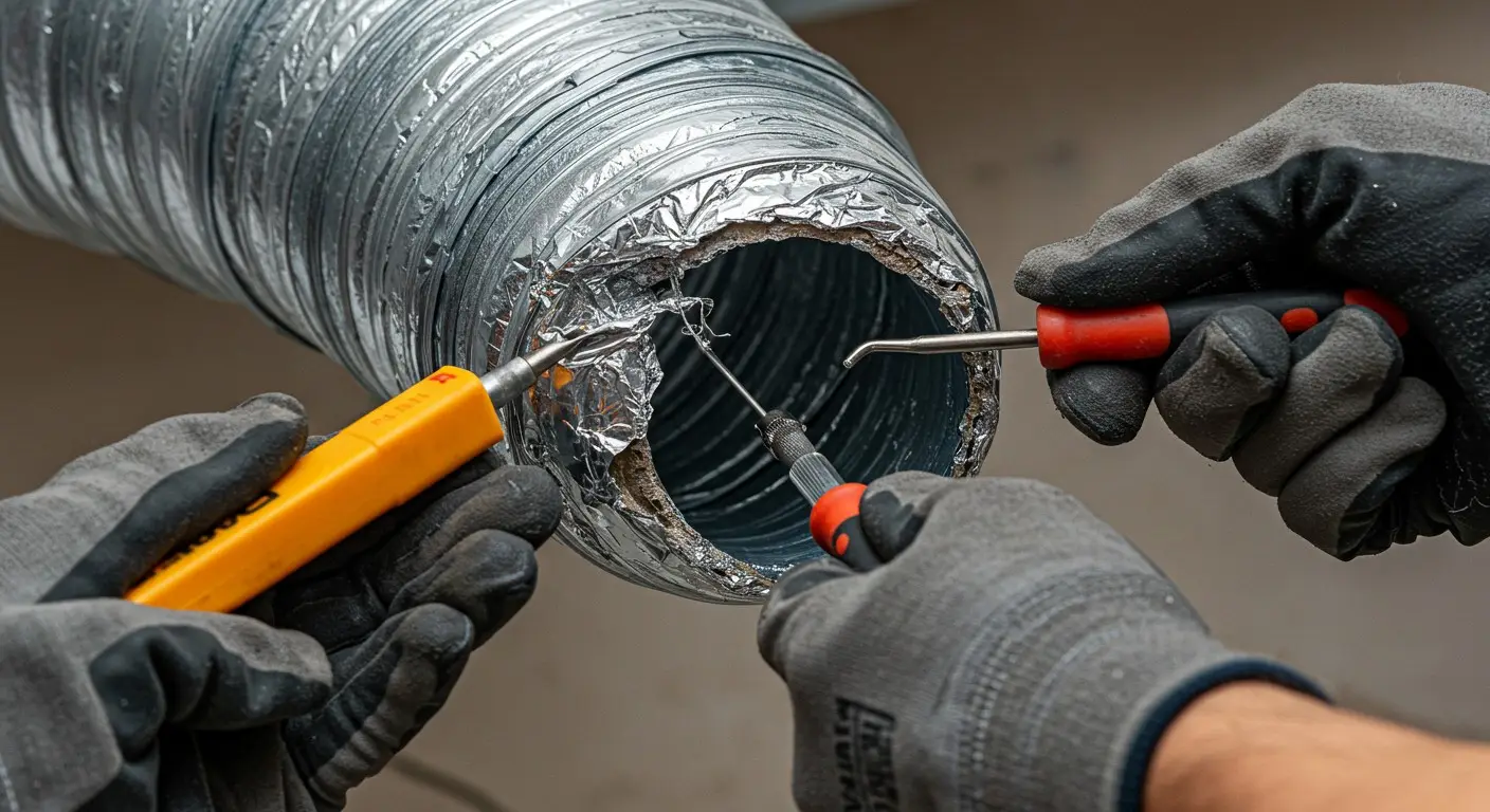 Two gloved hands use a utility knife and a tool to cut and repair the aluminum foil jacket on a flexible HVAC duct.