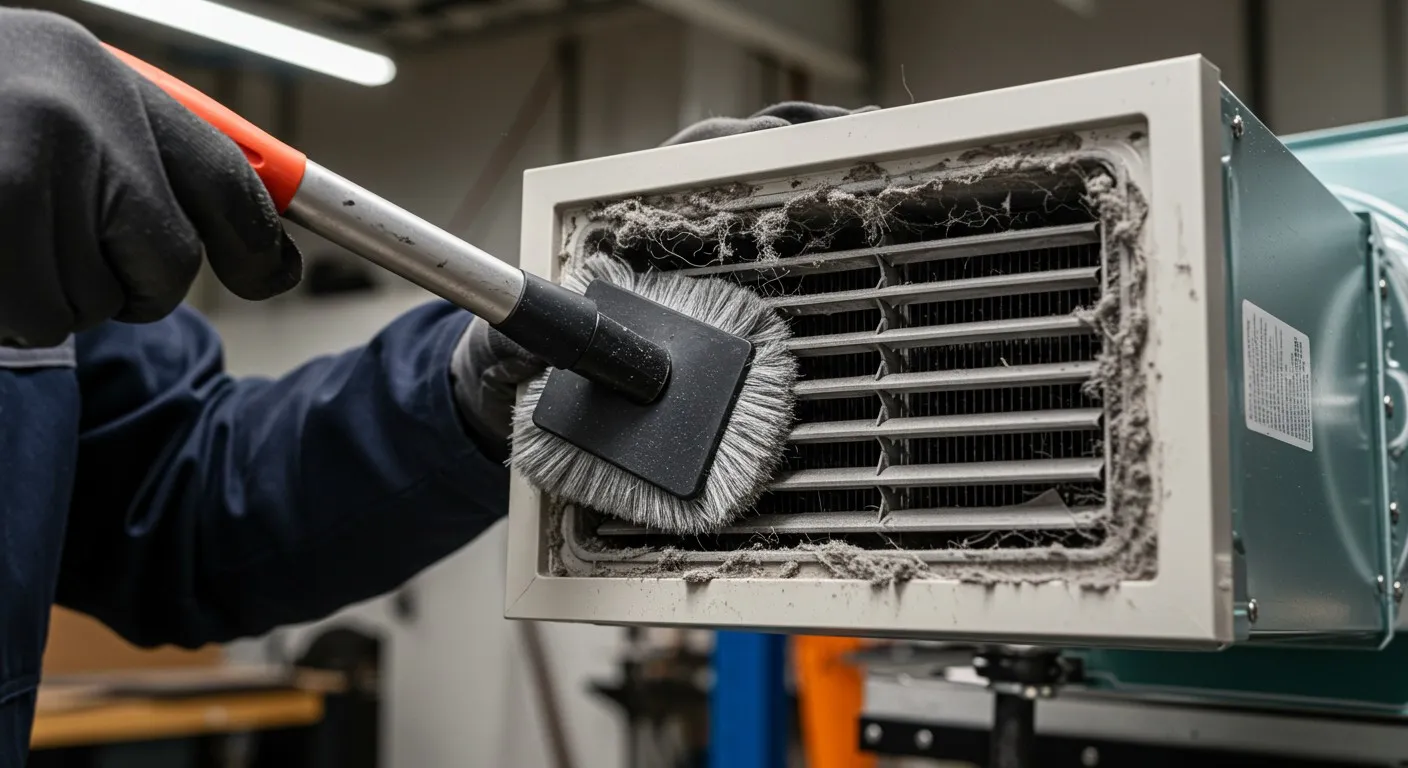 A gloved hand uses a square-headed brush to clean a heavy buildup of gray dust and lint from a disassembled white HVAC vent grille.