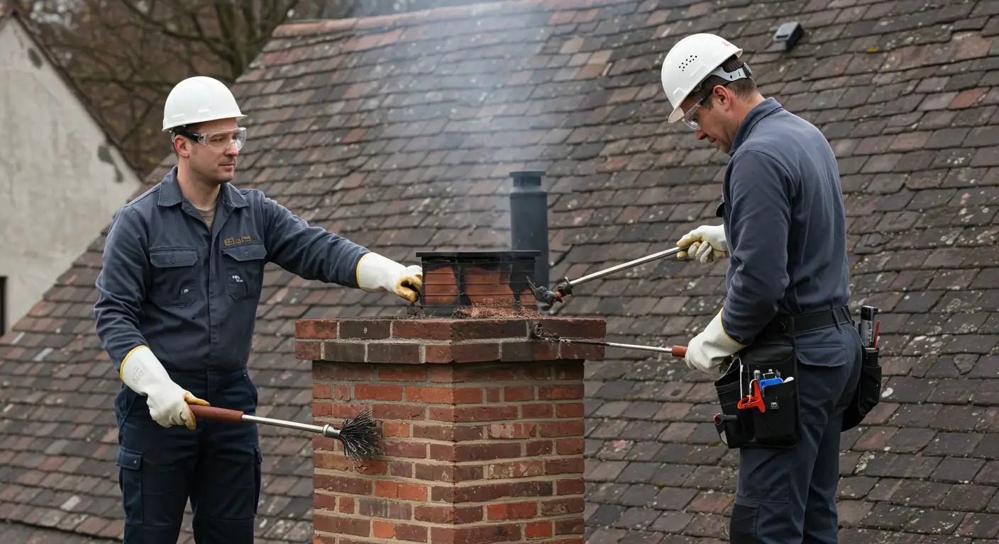 Two chimney sweeps in hard hats and safety glasses on a shingled roof use long rods and brushes to clean a brick chimney stack