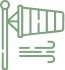 A light green outline icon of a windsock on a pole with a depiction of wind blowing beneath it.