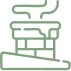 A light green outline icon of a brick chimney on a sloped roof with smoke coming out of the top.
