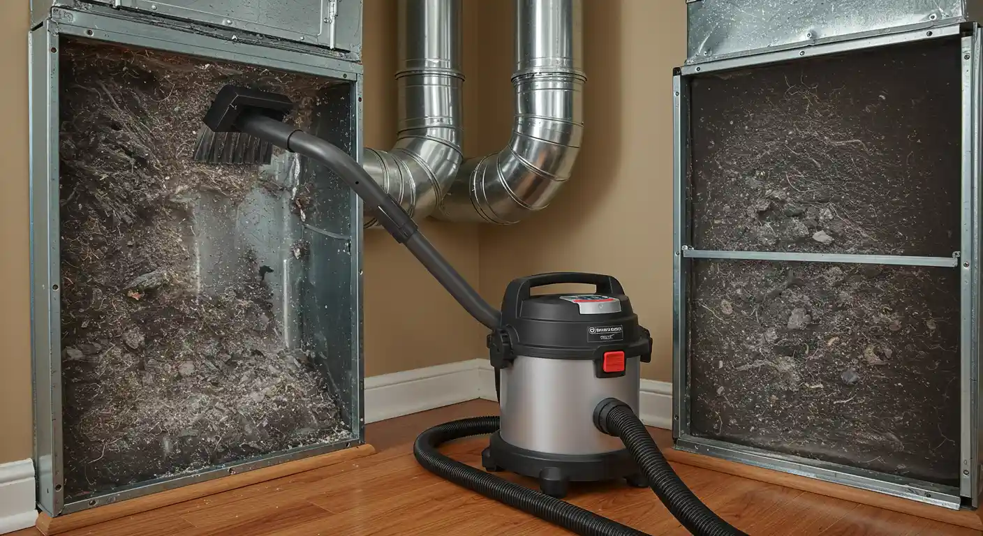  A wide shot of two open sections of metal HVAC ductwork heavily coated with a thick layer of dust, lint, and debris. A small silver and black wet/dry shop vacuum sits between the two sections, with a black vacuum hose and brush attachment inserted into the left duct. Corrugated metal vent pipes are visible in the background against a tan wall and wooden floor.