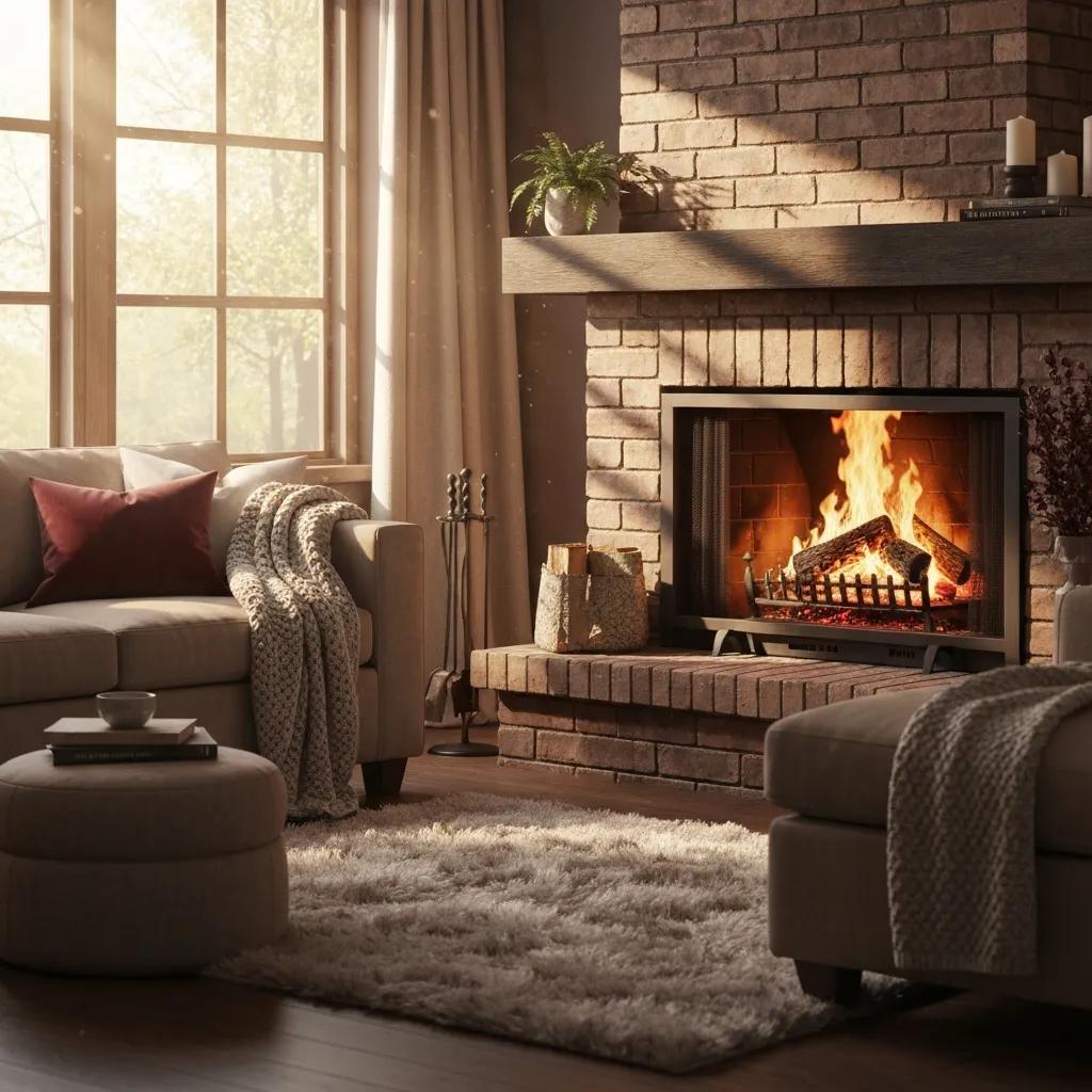 Warm, well-maintained living room fireplace showing safe, cozy use