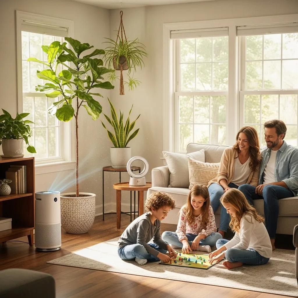 Family enjoying healthy indoor air with purifiers and plants