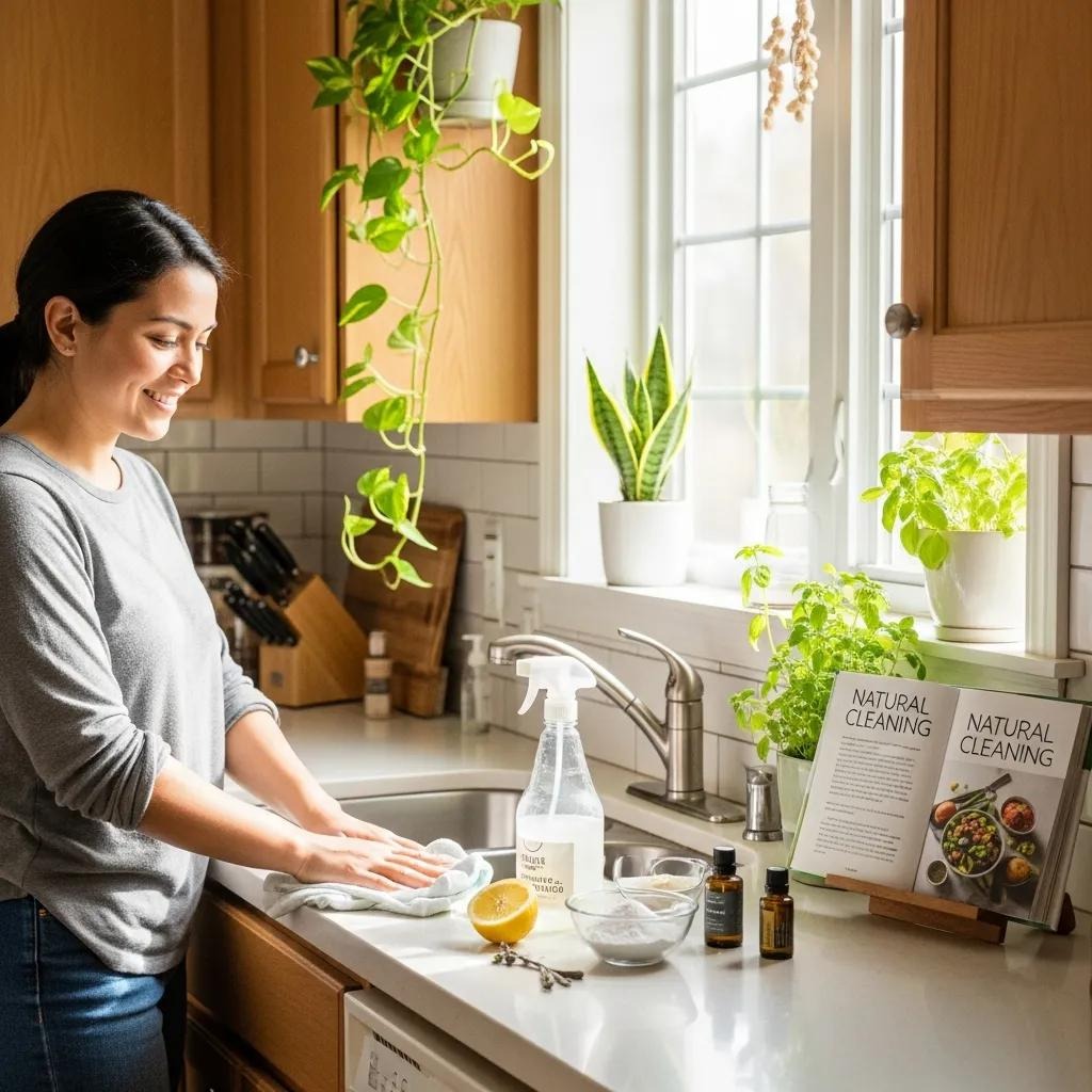 Homeowner using natural cleaning products to improve indoor air