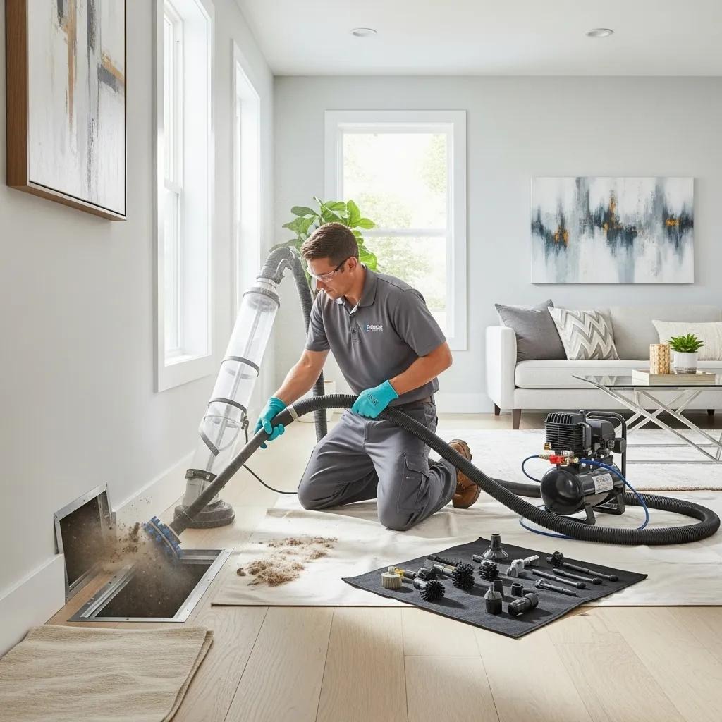 Professional technician cleaning air ducts in a modern home, highlighting vent cleaning services