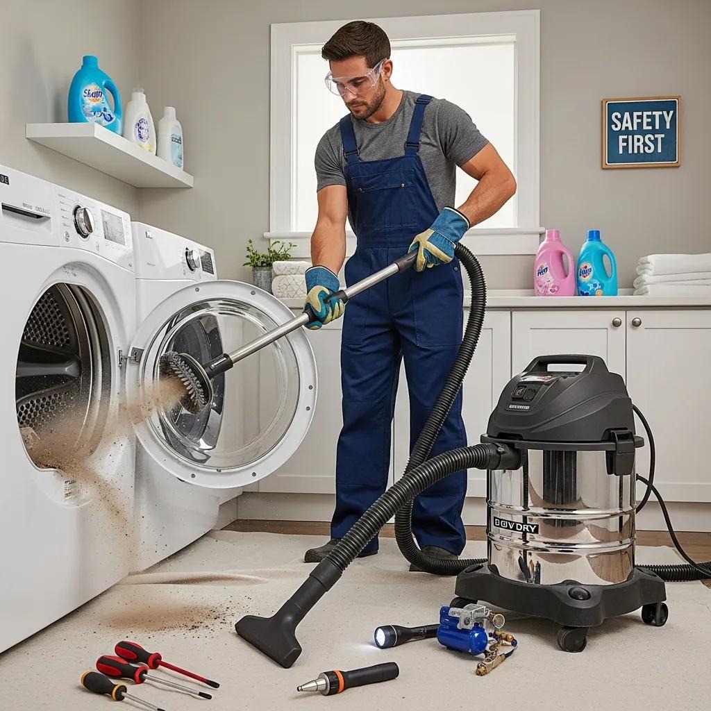 Technician cleaning a dryer vent to reduce fire hazards, showcasing safety measures