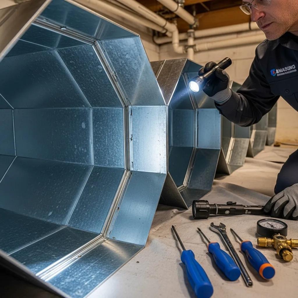 Clean air ducts being inspected by a technician, emphasizing indoor air quality and HVAC performance