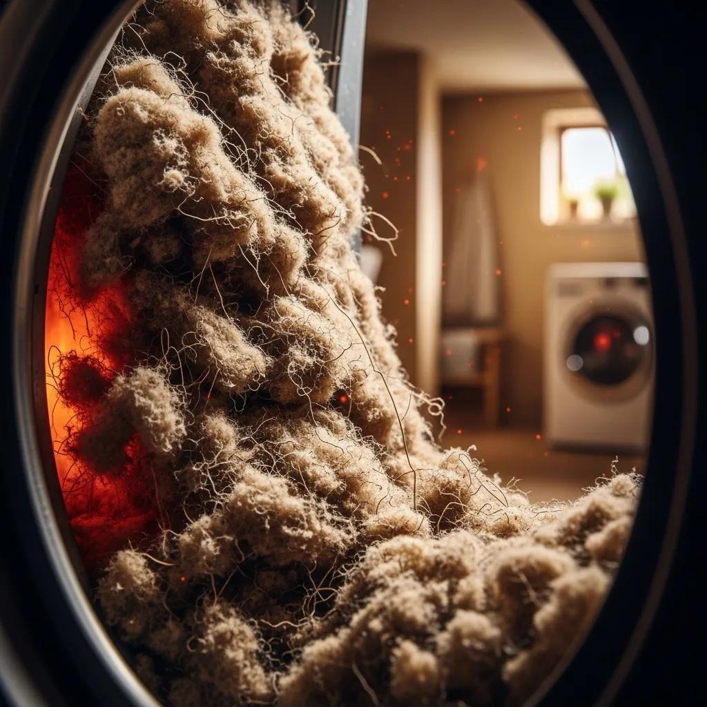 Clogged dryer vent filled with lint, illustrating fire risks associated with buildup