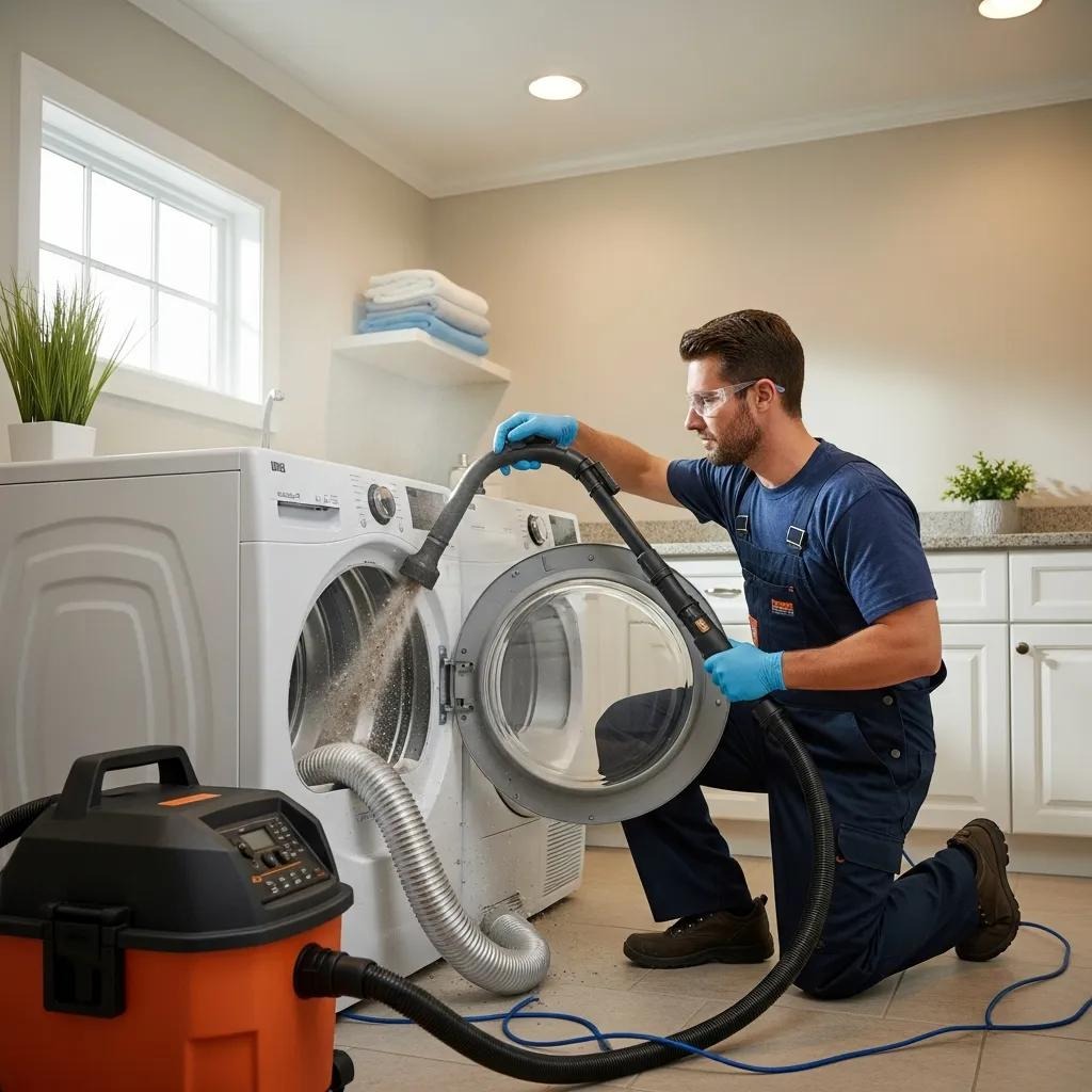 Technician cleaning a dryer vent to enhance fire safety and energy efficiency