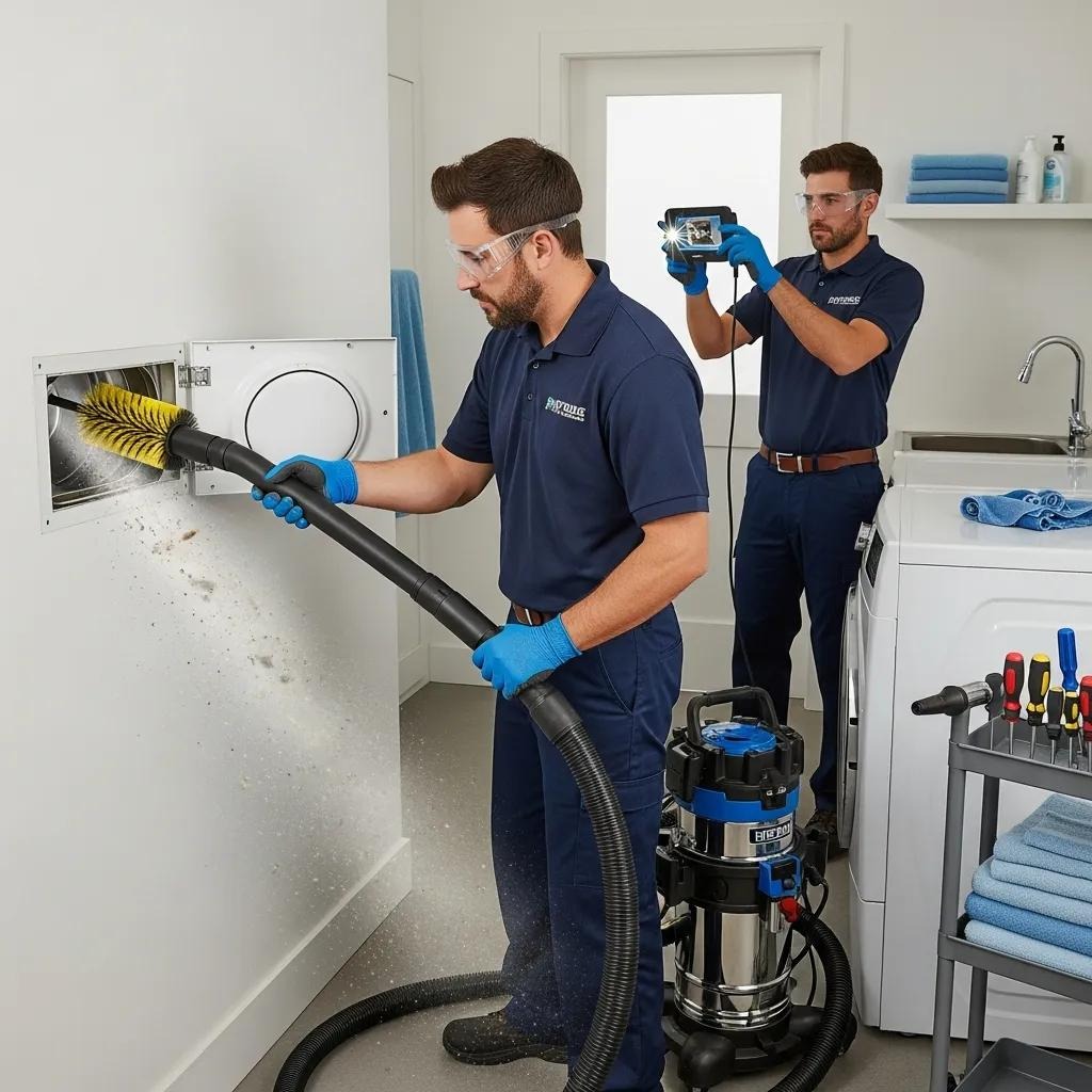 Professional team cleaning a dryer vent, enhancing home safety and energy efficiency