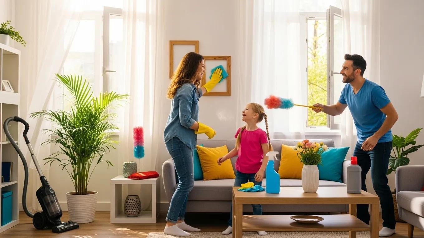 Family spring cleaning in a bright living room, emphasizing fresh air and healthy indoor environment