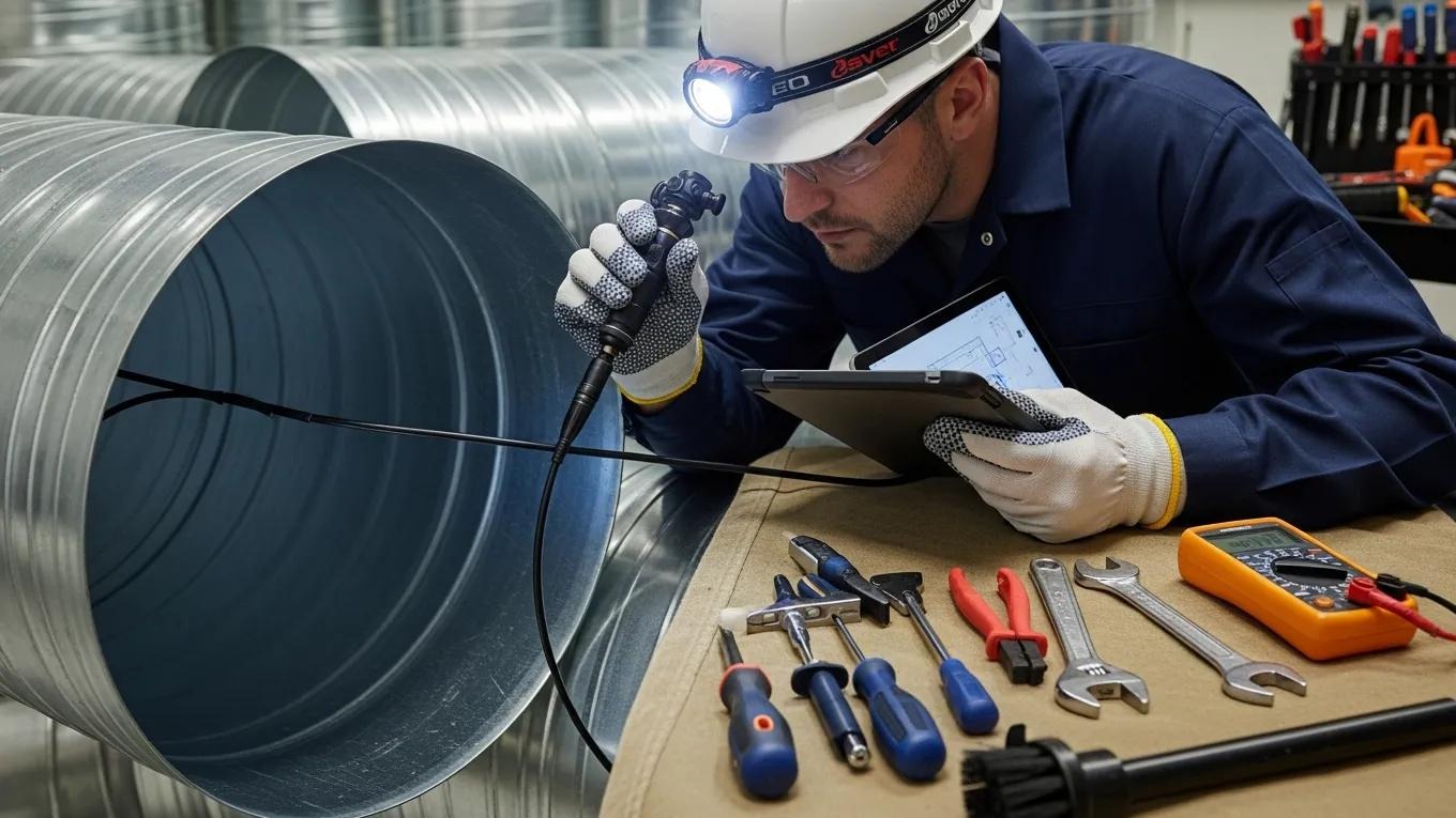 Technician inspecting clean air ducts, highlighting the benefits of regular maintenance for HVAC efficiency