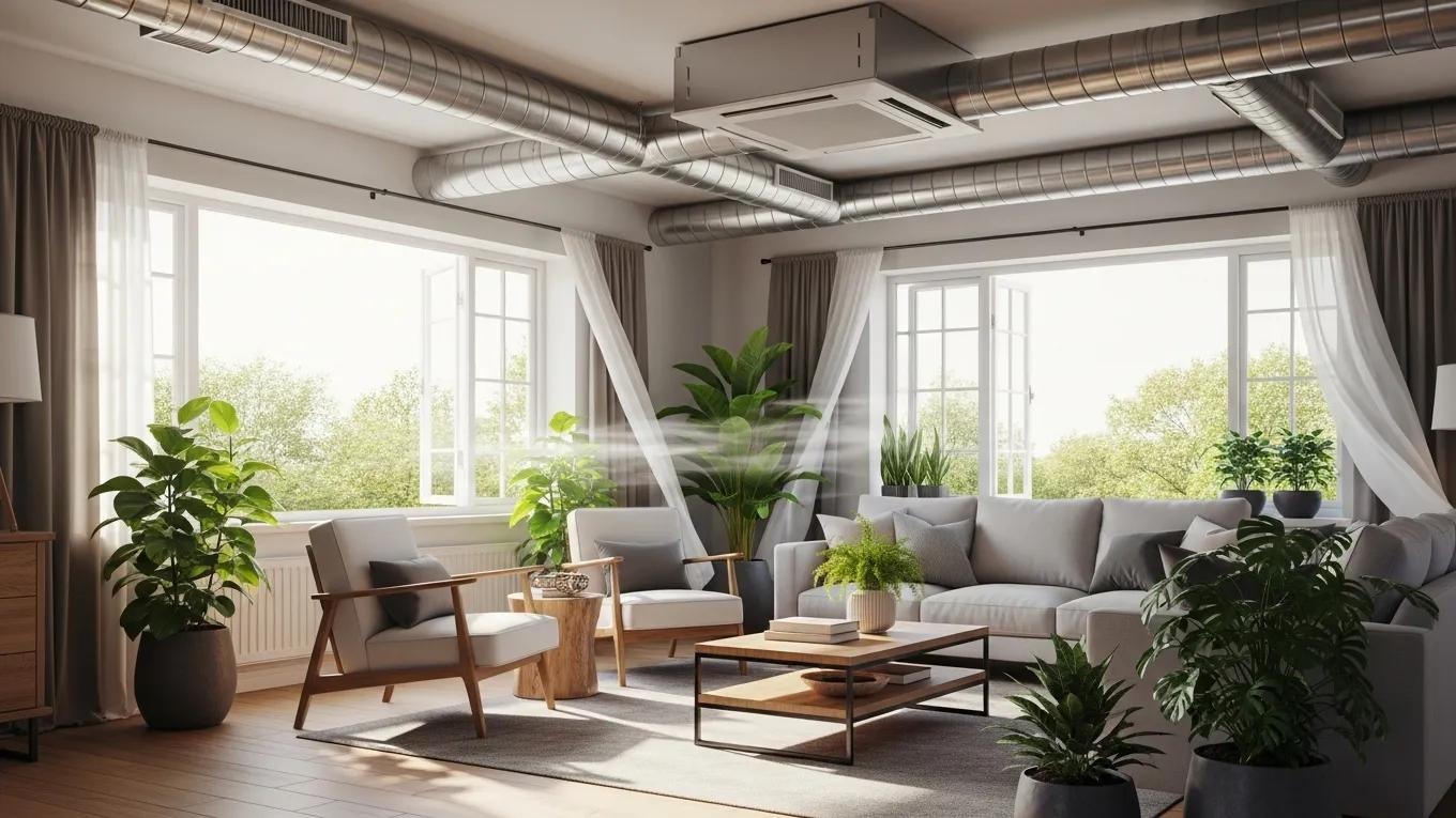 Clean air ducts in a bright living room emphasizing indoor air quality and HVAC efficiency