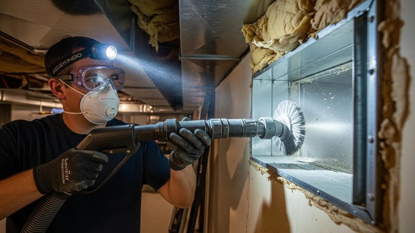 Professional cleaning air ducts with a vacuum, illustrating the air duct cleaning process and its effectiveness