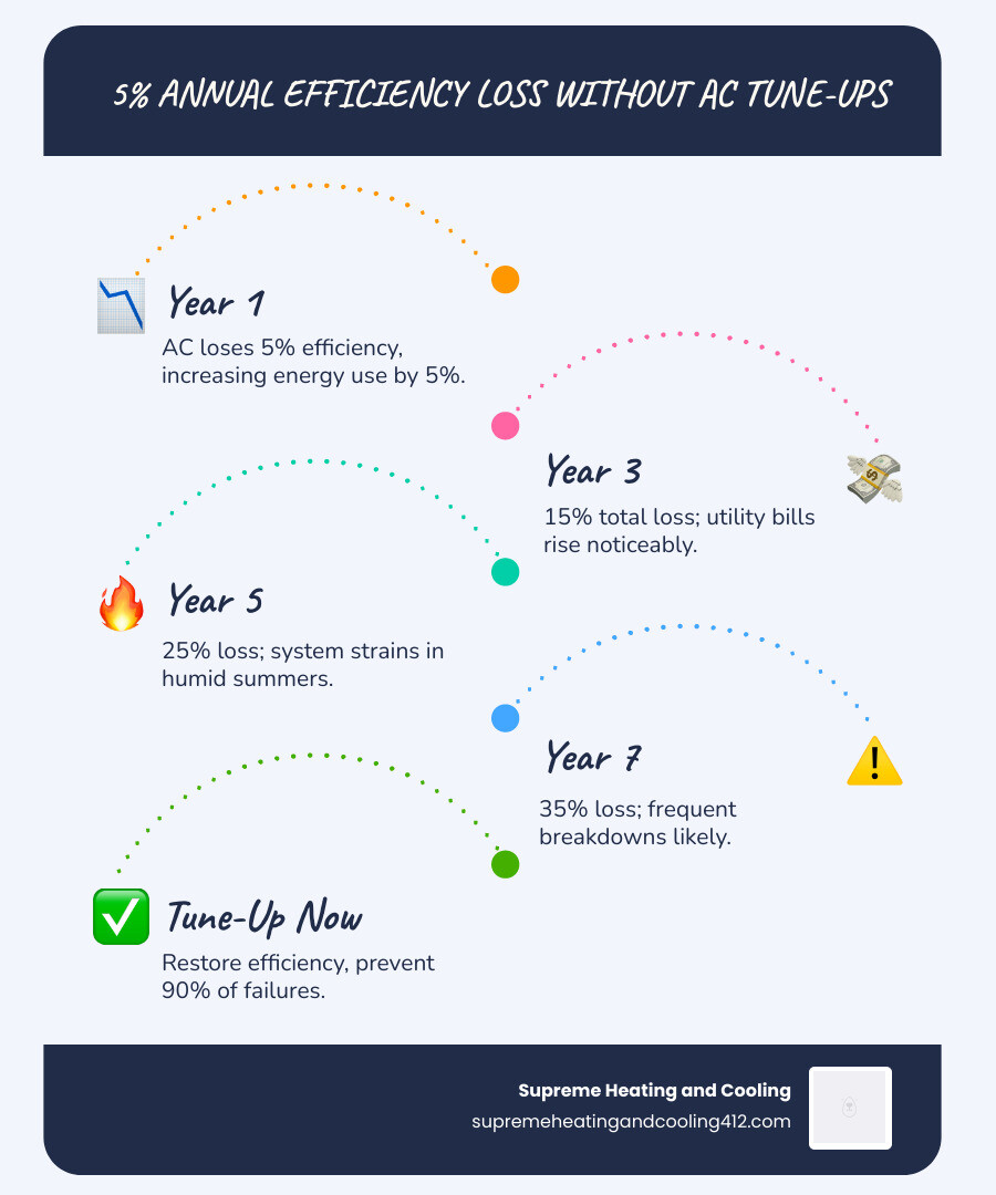 Infographic showing 5% annual efficiency loss of unmaintained AC units and key Pittsburgh tune-up steps - ac tune up guide Infographic showing 5% annual efficiency loss of unmaintained AC units and key Pittsburgh tune-up steps - ac tune up guide