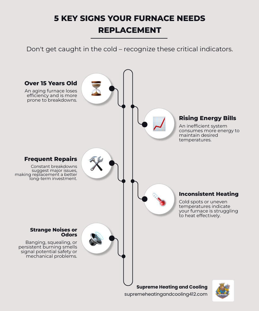 infographic showing five key signs your furnace needs replacement: system age over 15 years, rising energy bills, frequent repairs, inconsistent heating between rooms, and strange noises or odors - best furnace installation in o'hara township, pa infographic infographic-line-5-steps-elegant_beige