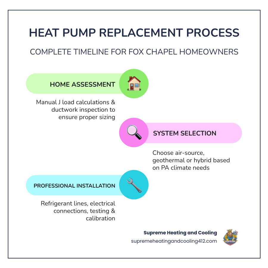 infographic showing the complete heat pump replacement process from initial home assessment through system selection, installation steps, testing, and ongoing maintenance, with typical timelines for each phase and key decision points for Fox Chapel homeowners - heat pump replacement company in fox chapel, pa infographic infographic-line-3-steps-colors infographic showing the complete heat pump replacement process from initial home assessment through system selection, installation steps, testing, and ongoing maintenance, with typical timelines for each phase and key decision points for Fox Chapel homeowners - heat pump replacement company in fox chapel, pa infographic infographic-line-3-steps-colors