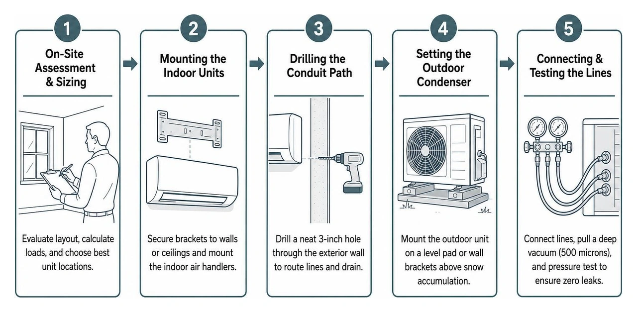Step-by-step professional ductless installation process diagram Step-by-step professional ductless installation process diagram