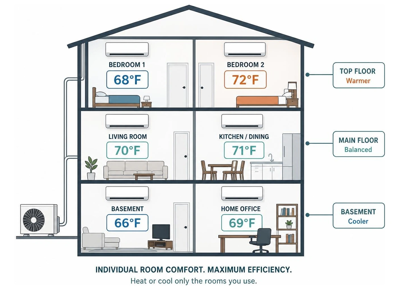 Zoned comfort diagram showing different temperatures in different rooms of a multi-story home Zoned comfort diagram showing different temperatures in different rooms of a multi-story home