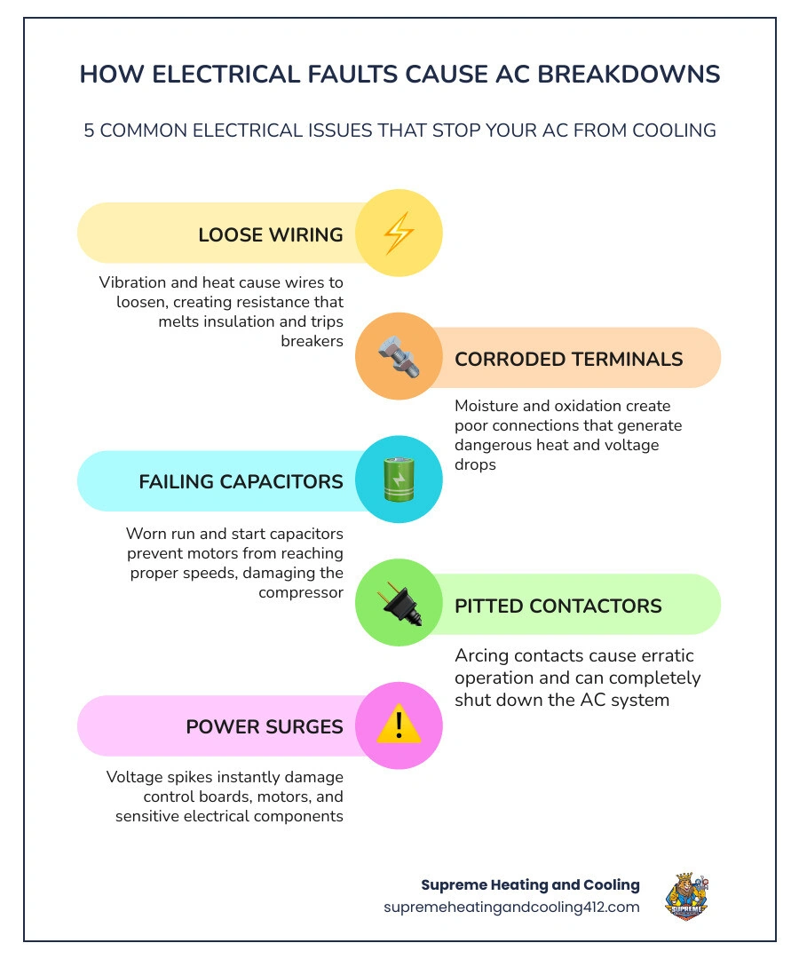 Infographic showing how electrical faults like loose wires, bad capacitors, and surges cause AC system breakdowns infographic Infographic showing how electrical faults like loose wires, bad capacitors, and surges cause AC system breakdowns infographic