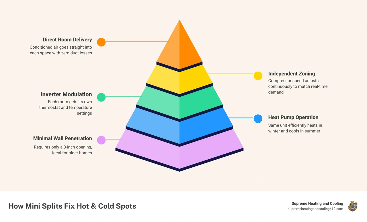 Infographic showing how mini splits fix hot and cold spots in drafty homes through zoning, direct airflow, and inverter Infographic showing how mini splits fix hot and cold spots in drafty homes through zoning, direct airflow, and inverter