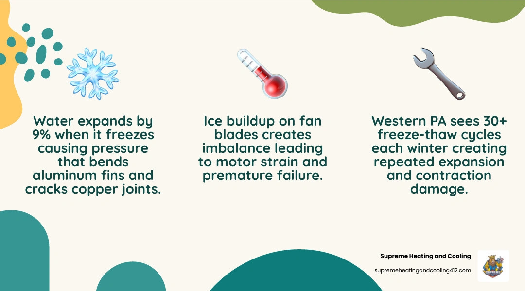 Infographic showing how freeze-thaw cycles damage outdoor AC unit components step by step infographic Infographic showing how freeze-thaw cycles damage outdoor AC unit components step by step infographic