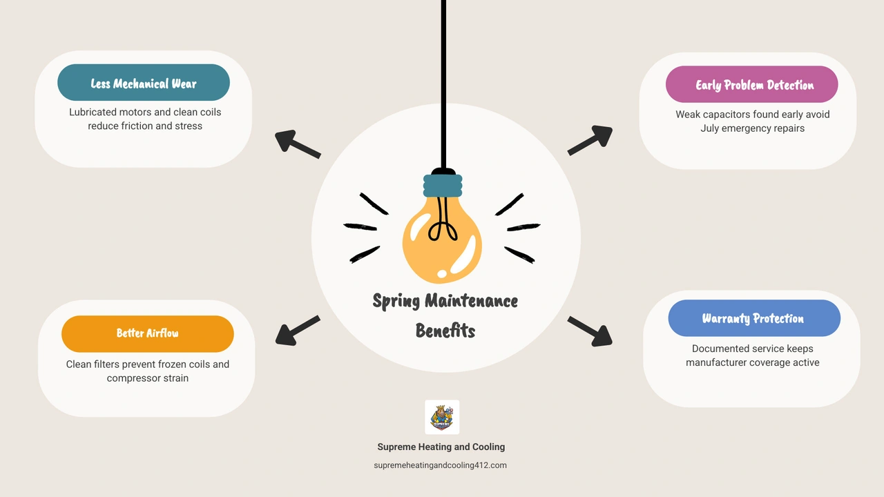Infographic showing how spring AC maintenance extends system lifespan by 5-10 years through reduced friction, airflow Infographic showing how spring AC maintenance extends system lifespan by 5-10 years through reduced friction, airflow