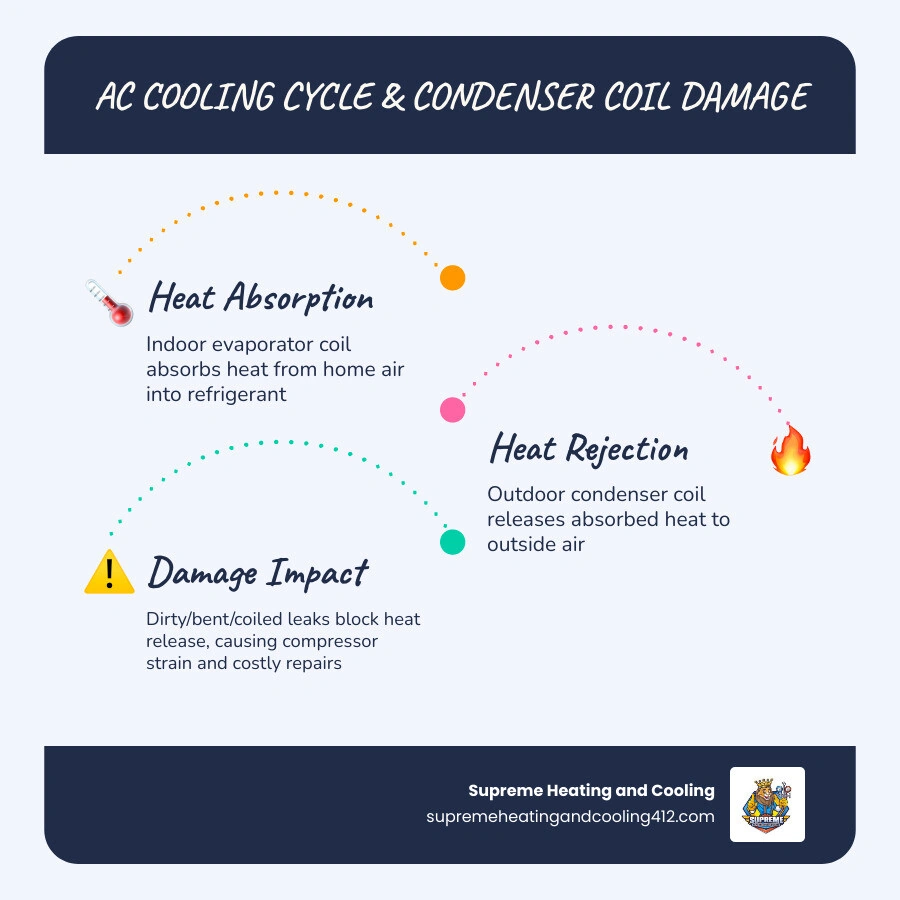 Infographic showing AC cooling cycle and where condenser coil damage causes repair problems infographic Infographic showing AC cooling cycle and where condenser coil damage causes repair problems infographic