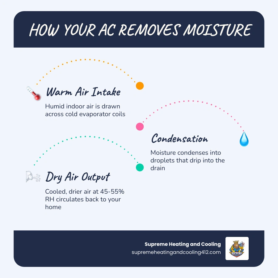 Infographic showing the AC condensation cycle: warm humid air intake, cold evaporator coil, condensate drain, dry cool air Infographic showing the AC condensation cycle: warm humid air intake, cold evaporator coil, condensate drain, dry cool air