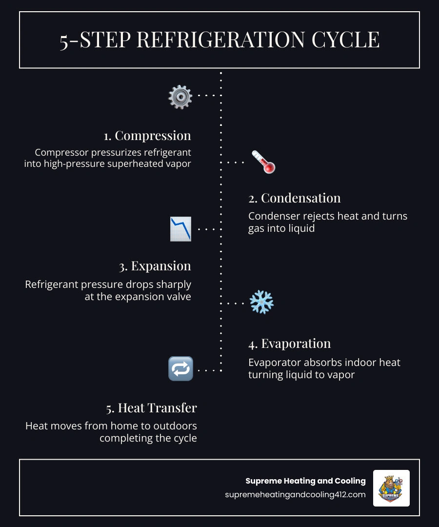 Infographic showing the 5-step refrigeration cycle with compressor, condenser, expansion valve, evaporator, and refrigerant Infographic showing the 5-step refrigeration cycle with compressor, condenser, expansion valve, evaporator, and refrigerant