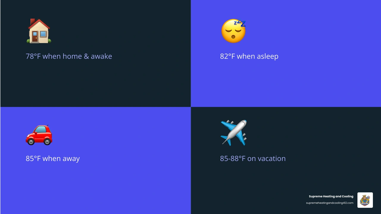 Infographic showing ideal summer thermostat settings: 78°F home, 82°F sleep, 85°F away, 85-88°F vacation infographic Infographic showing ideal summer thermostat settings: 78°F home, 82°F sleep, 85°F away, 85-88°F vacation infographic