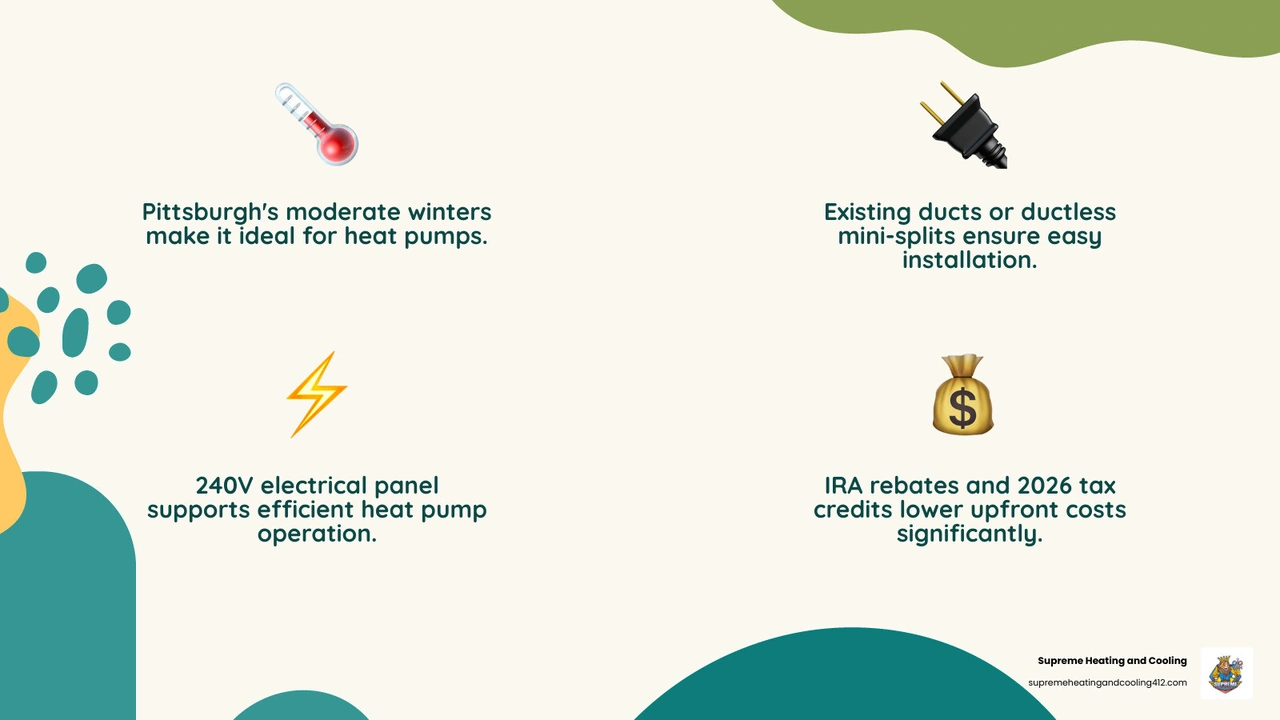 infographic showing heat pump suitability checklist for homeowners including climate, ductwork, electrical, and cost factors infographic showing heat pump suitability checklist for homeowners including climate, ductwork, electrical, and cost factors