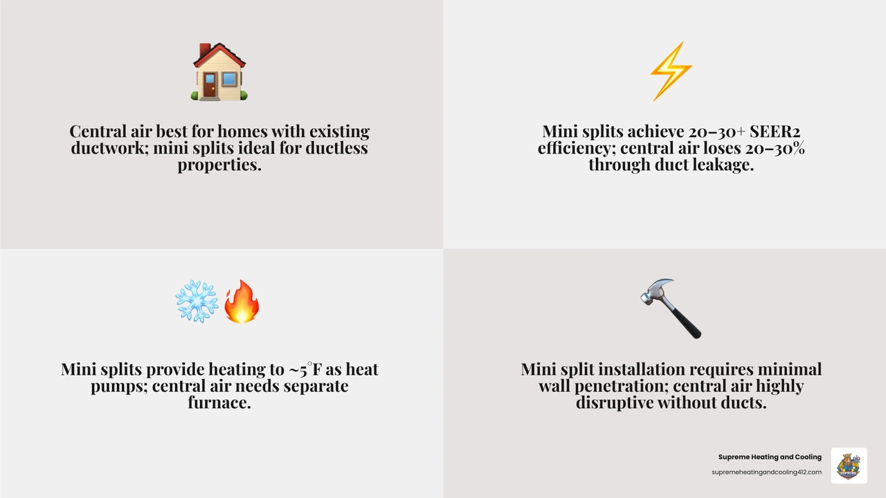 Infographic comparing central air vs mini split systems for Pittsburgh homes: efficiency, installation, zoning, cost, and