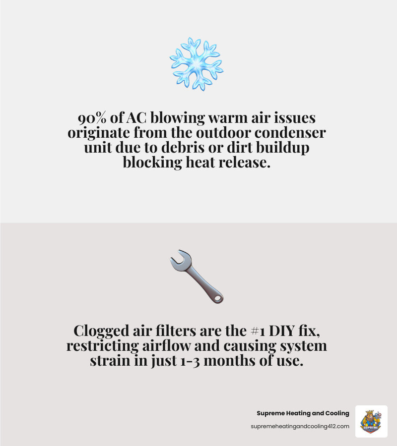 Infographic showing 7 common reasons an AC blows warm air and quick troubleshooting steps - why is my ac blowing warm air Infographic showing 7 common reasons an AC blows warm air and quick troubleshooting steps - why is my ac blowing warm air