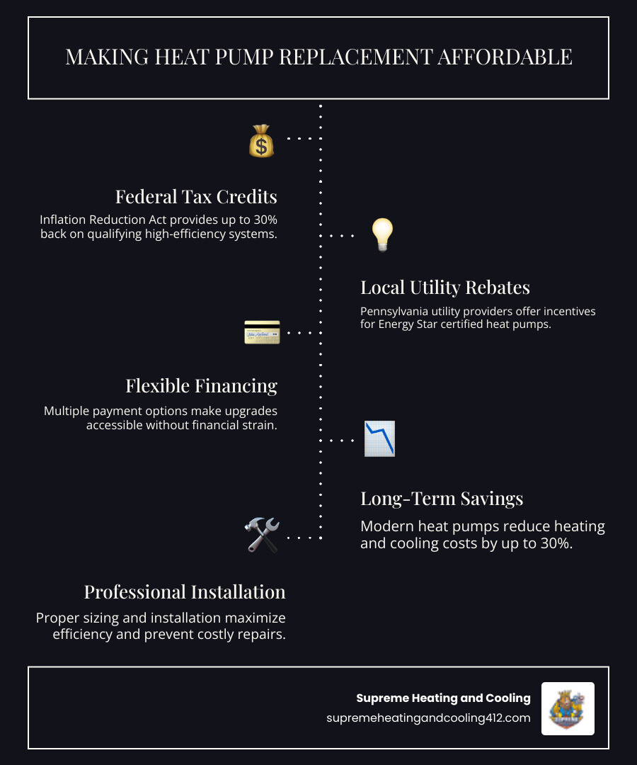 infographic showing cost-saving strategies for heat pump replacement including federal tax credits up to 30 percent, utility rebates, financing options, and long-term energy savings of up to 30 percent on heating and cooling bills - affordable heat pump replacement in bethel park, pa infographic infographic-line-5-steps-dark infographic showing cost-saving strategies for heat pump replacement including federal tax credits up to 30 percent, utility rebates, financing options, and long-term energy savings of up to 30 percent on heating and cooling bills - affordable heat pump replacement in bethel park, pa infographic infographic-line-5-steps-dark