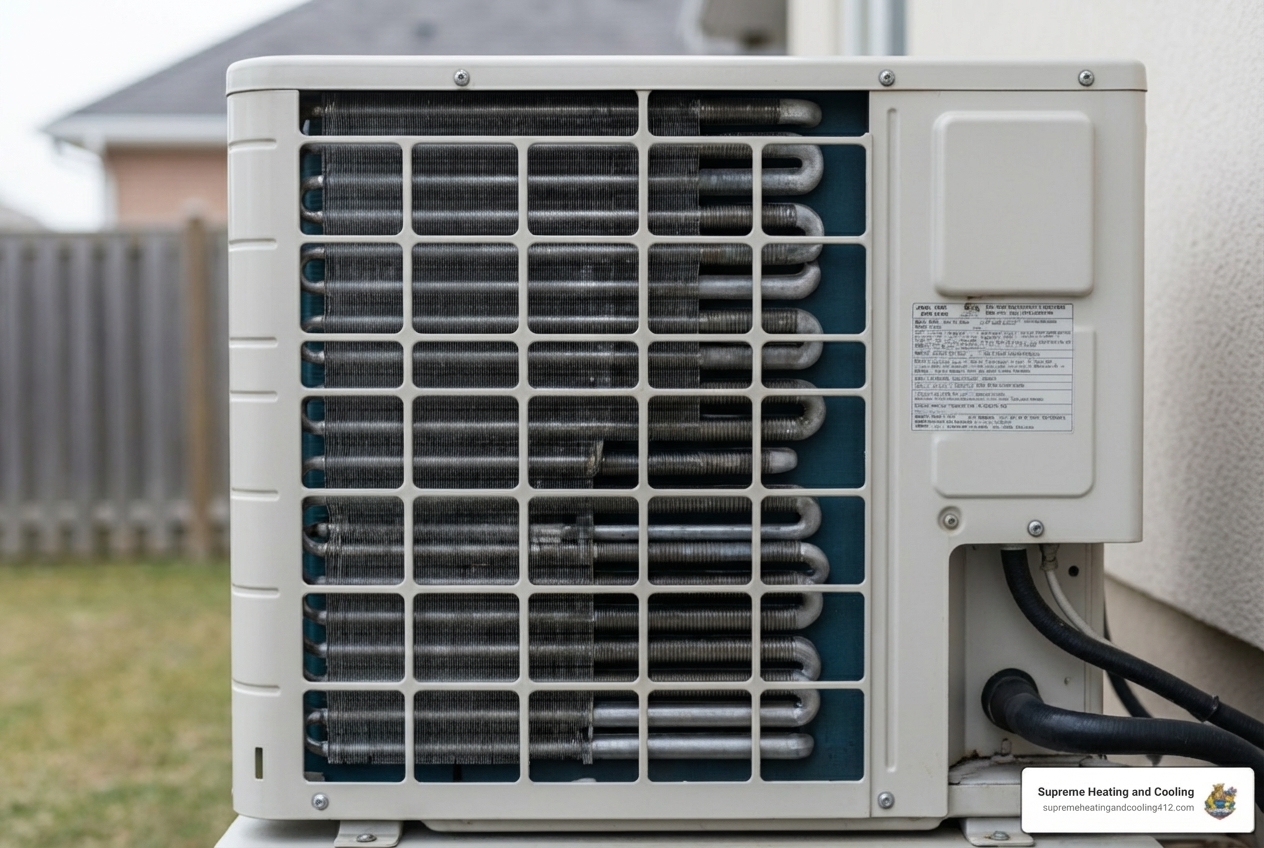 Infographic showing 5 critical signs your heat pump needs emergency replacement: 1) Complete system shutdown with no power, 2) Loud grinding or banging noises indicating mechanical failure, 3) Visible refrigerant leaks or ice buildup, 4) Burning smells or electrical issues, 5) System over 15 years old with frequent breakdowns and rising energy bills - emergency heat pump replacement in penn hills, pa