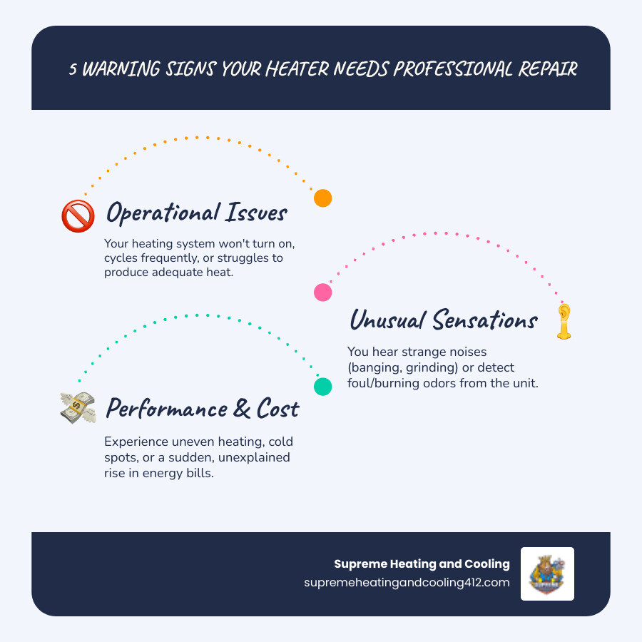 infographic showing five warning signs your heater needs professional repair: system won't turn on or cycles frequently, strange noises like banging or grinding, uneven heating or cold spots throughout home, rising energy bills without increased usage, and foul odors or burning smells when system runs - Find the best-rated companies for heating repair in Penn Hills, PA. infographic infographic-line-3-steps-blues-accent_colors