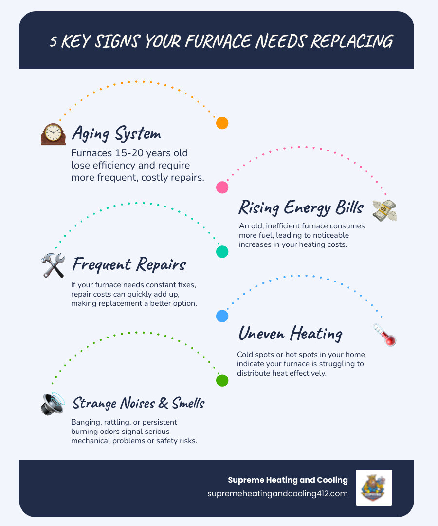 Infographic showing five key warning signs it's time for furnace replacement: furnace age exceeding 15-20 years, frequent costly repairs, rising energy bills, uneven heating throughout home, and strange noises or burning smells - furnace replacement fox chapel pa infographic infographic-line-5-steps-blues-accent_colors