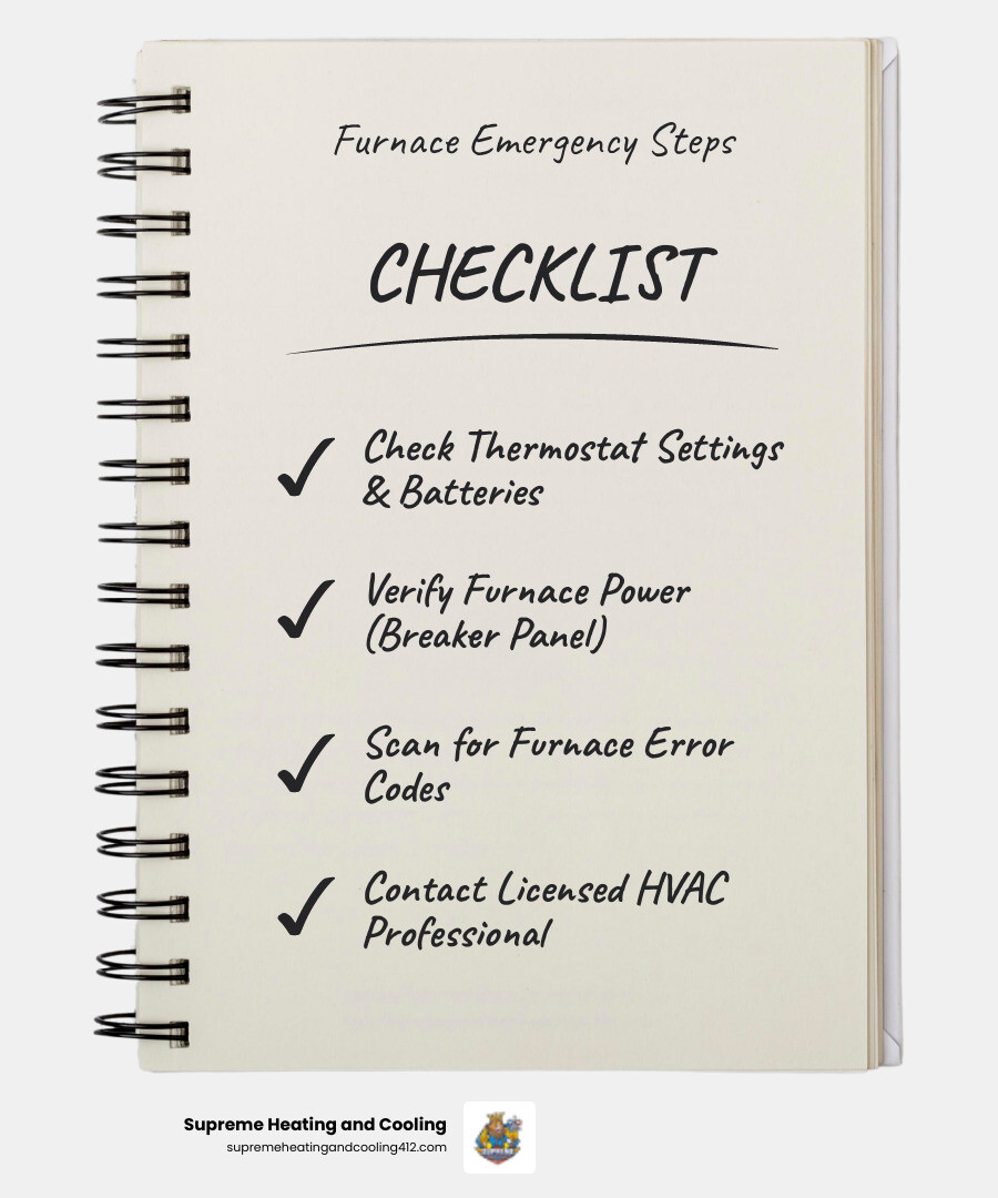 Infographic showing emergency furnace installation steps: 1. Check thermostat settings and batteries, 2. Verify power to furnace at breaker panel, 3. Look for error codes on furnace display, 4. Call a licensed HVAC professional immediately if no heat, 5. Request emergency installation if system cannot be repaired - 24 hour furnace installation in glenshaw, pa infographic checklist-notebook