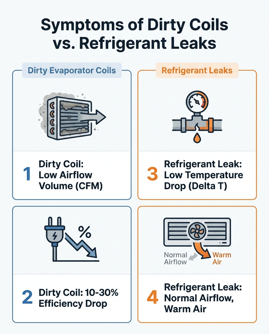 Symptoms of Dirty Coils vs. Refrigerant Leaks