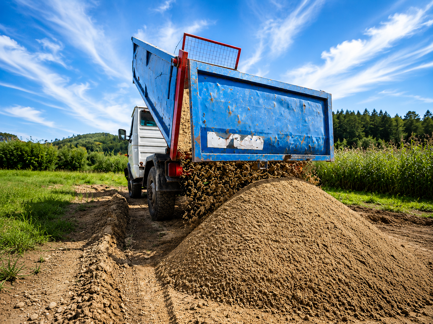 Kipper liefert Sand, Kies und Verfüllgemisch als Fremdmaterial an die Baustelle – Schritt 3 der konventionellen Verfüllung im Tiefbau.